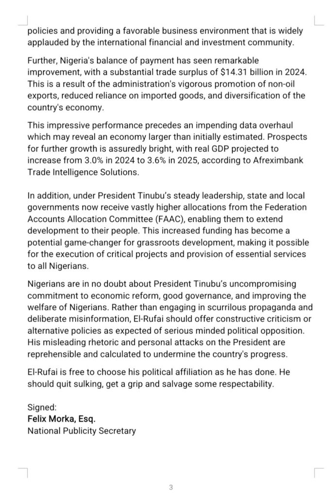 Press Statement - 'Quit sulking, get a grip' - APC to El-Rufai