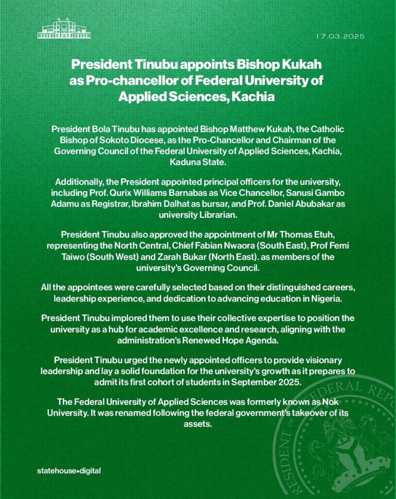 President Tinubu appoints Bishop Kukah as Pro-Chancellor of Federal University of Applied Sciences, Kachia