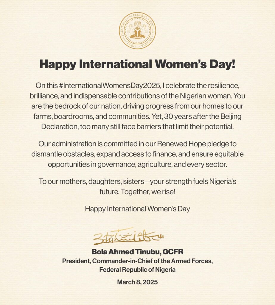International Women's Day 2025: 'Nigerian women are the bedrock of our nation' - President Tinubu