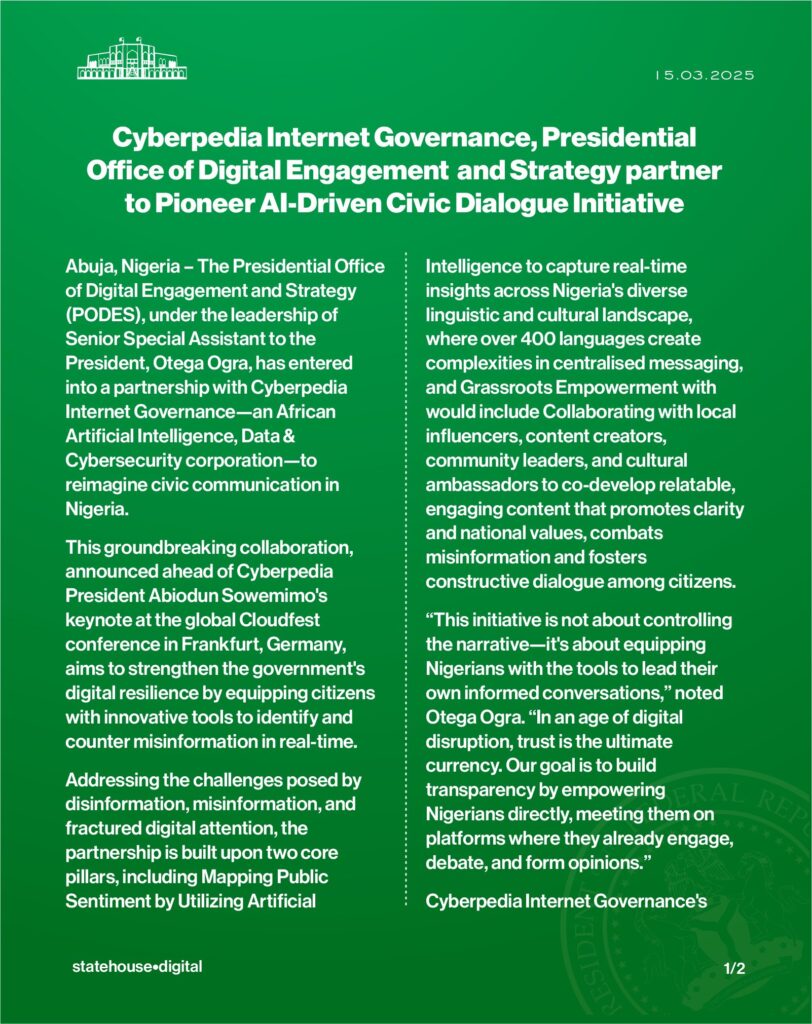 Artificial Intelligence: Cyberpedia Internet Governance, Presidential Office of Digital Engagement and Strategy partner to Pioneer Al-Driven Civic Dialogue Initiative