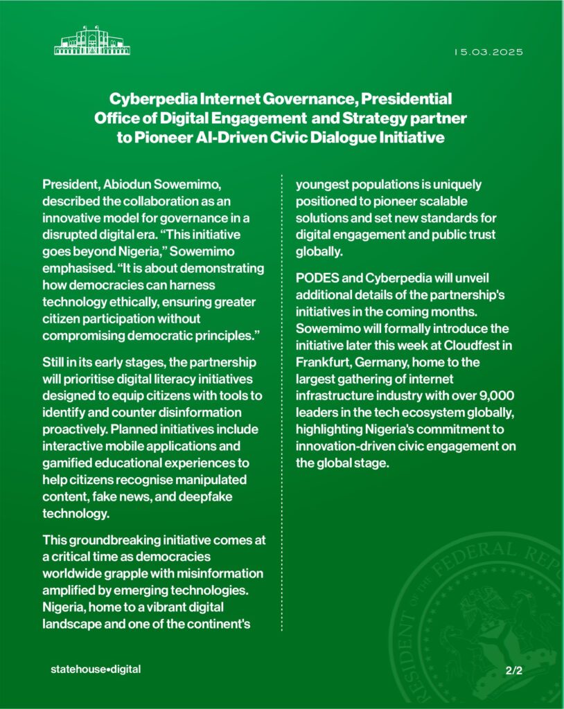 Artificial Intelligence: Cyberpedia Internet Governance, Presidential Office of Digital Engagement and Strategy partner to Pioneer Al-Driven Civic Dialogue Initiative