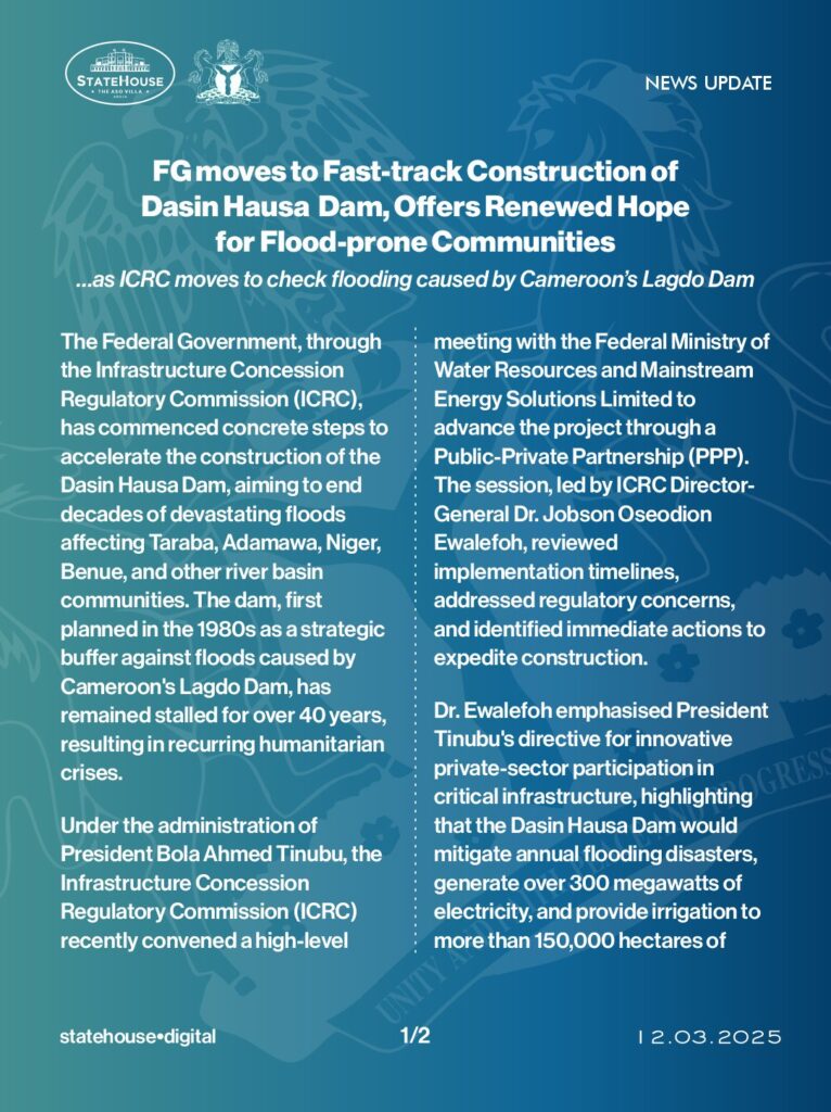 FG moves to fast-track construction of Dakin Hausa Dam, offers Renewed Hope for flood-prone communities