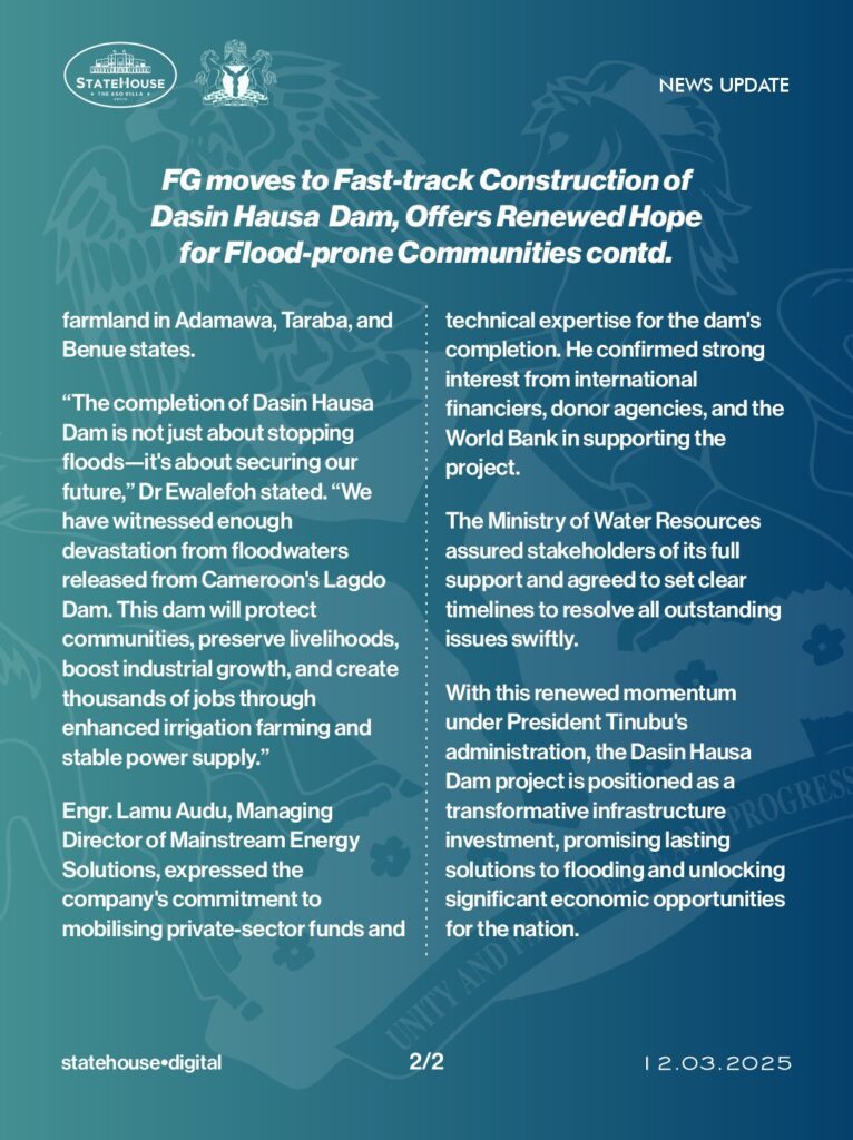 FG moves to fast-track construction of Dakin Hausa Dam, offers Renewed Hope for flood-prone communities