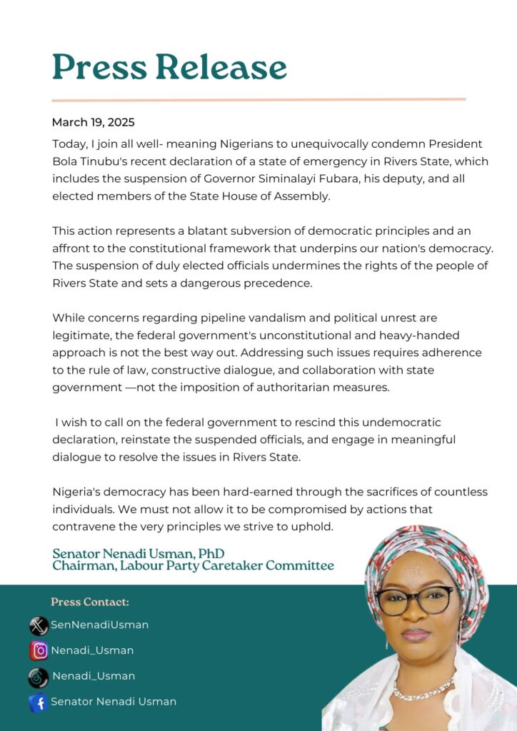 Rivers State: Press Release - 'State of Emergency action represents blatant subversion of democratic principles' - Nenadi Usman