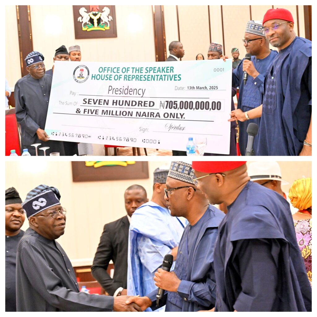 House of Reps Leaders present President Tinubu ‘a cheque of N705 million naira to support his programme for Nigeria’s vulnerable population’