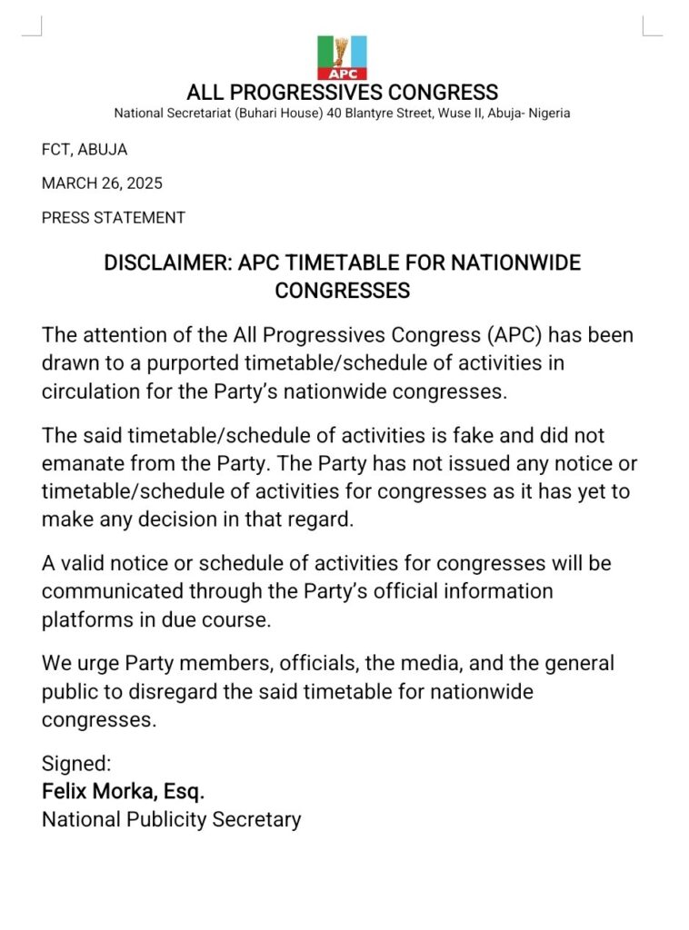 'Disregard fake timetable for nationwide congresses, Party yet to make any decision' - APC