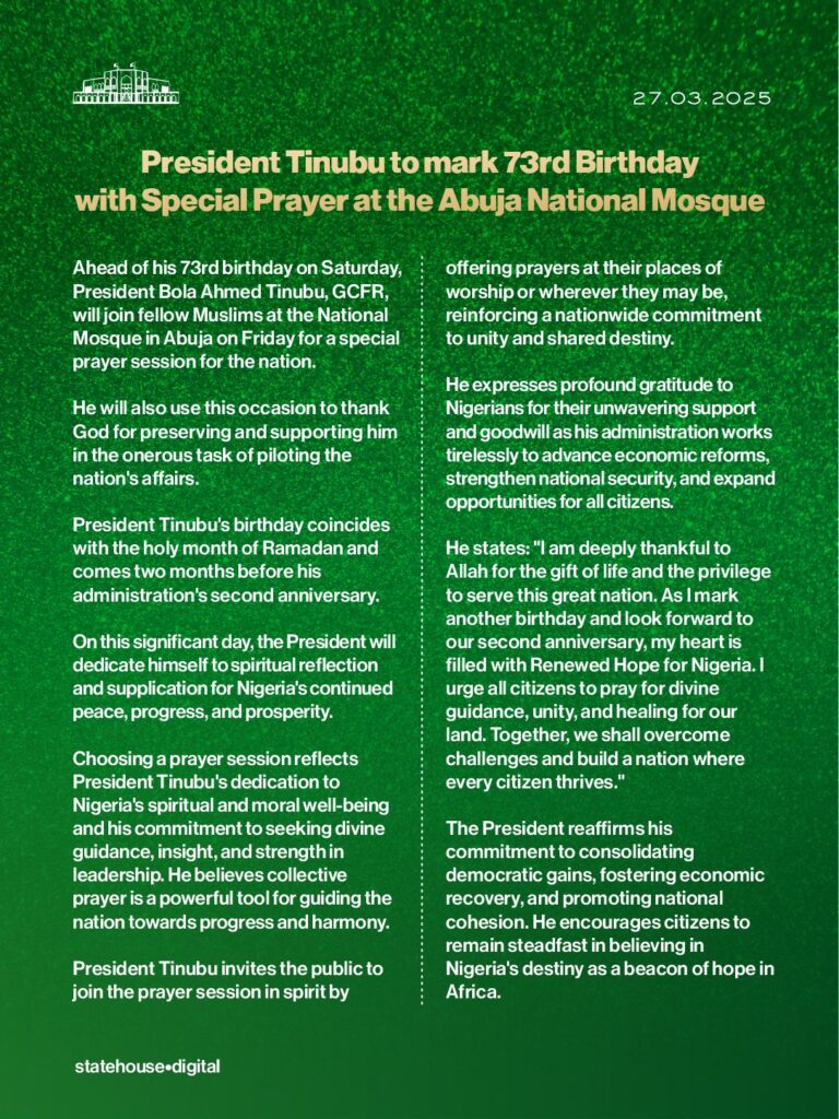 President Tinubu to mark 73rd birthday with special prayer at Abuja National Mosque