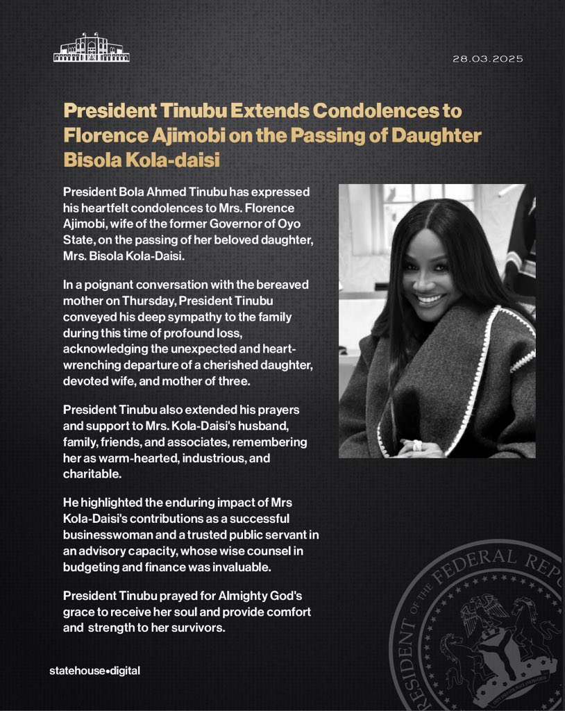 Ajimobi Loses Daughter: President Tinubu extends 'heartfelt condolences' to wife of former Oyo State Governor over passing of Bisola Kola-Daisi