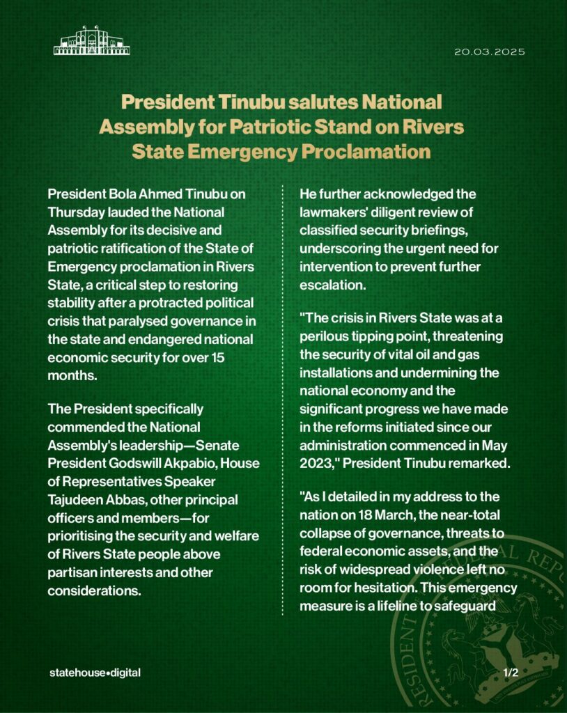 Rivers State: President Tinubu salutes National Assembly for patriotic stand on Emergency proclamation