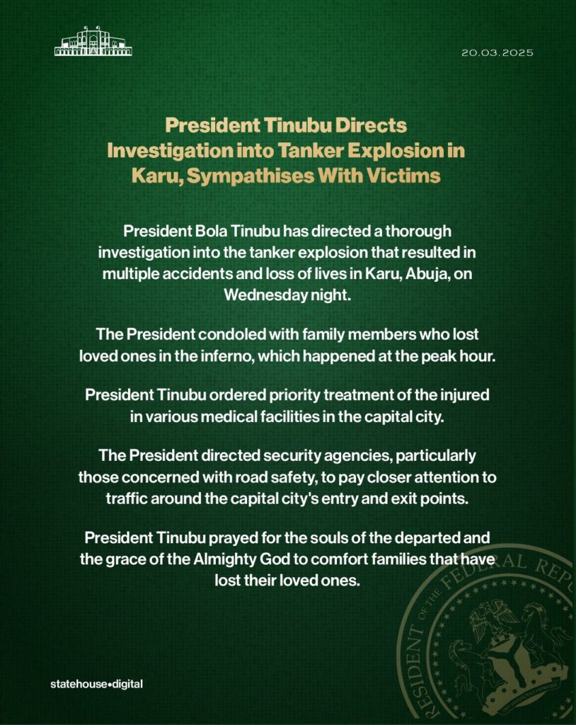 Tanker Explosion At FCT: President Tinubu sympathize with victims, directs investigation into inferno