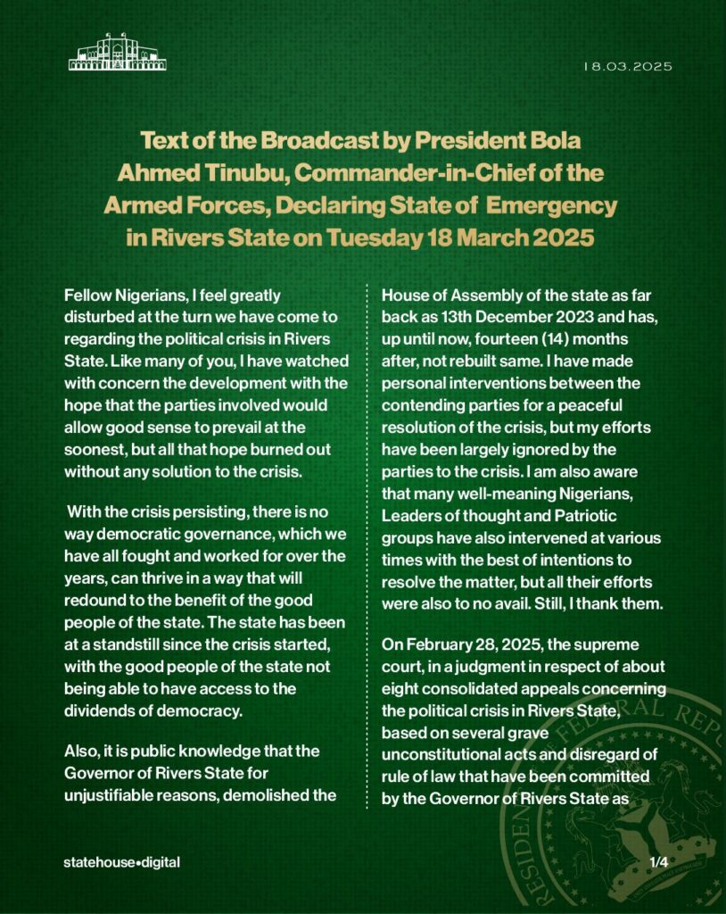 Rivers State: Text of Broadcast - President Tinubu declares State of Emergency