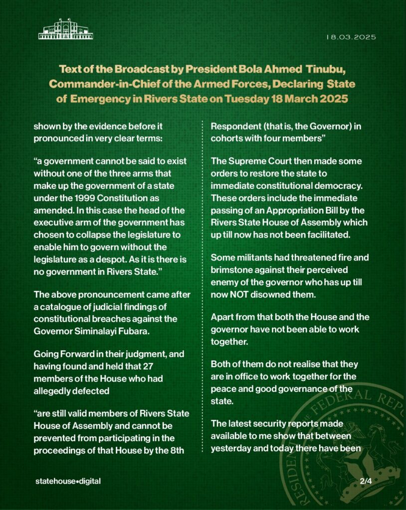 Rivers State: Text of Broadcast - President Tinubu declares State of Emergency