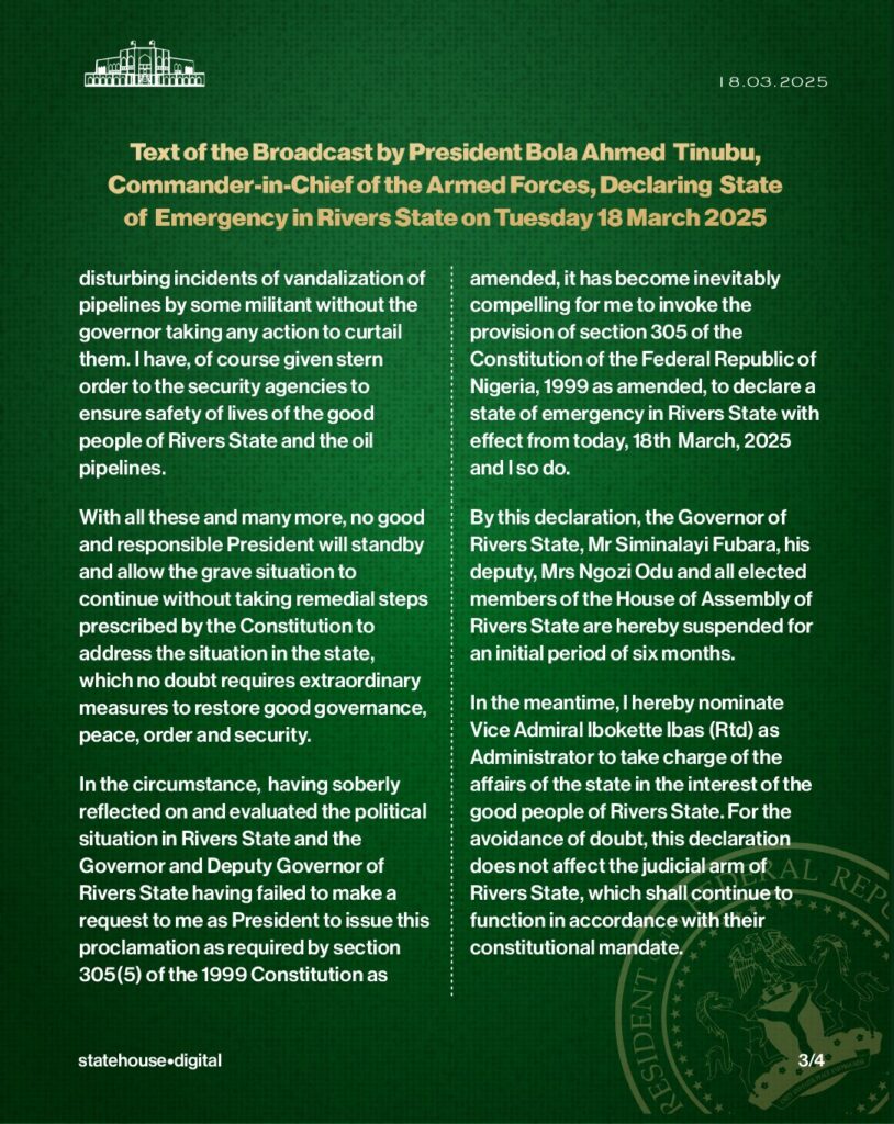 Rivers State: Text of Broadcast - President Tinubu declares State of Emergency