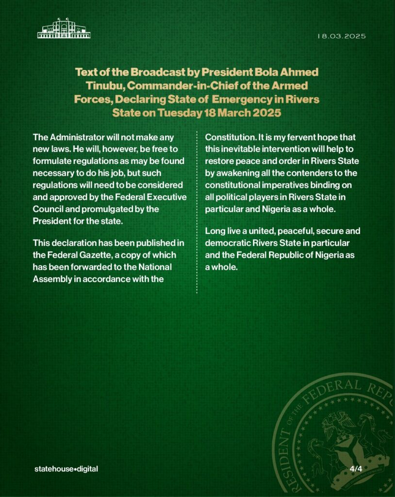 Rivers State: Text of Broadcast - President Tinubu declares State of Emergency