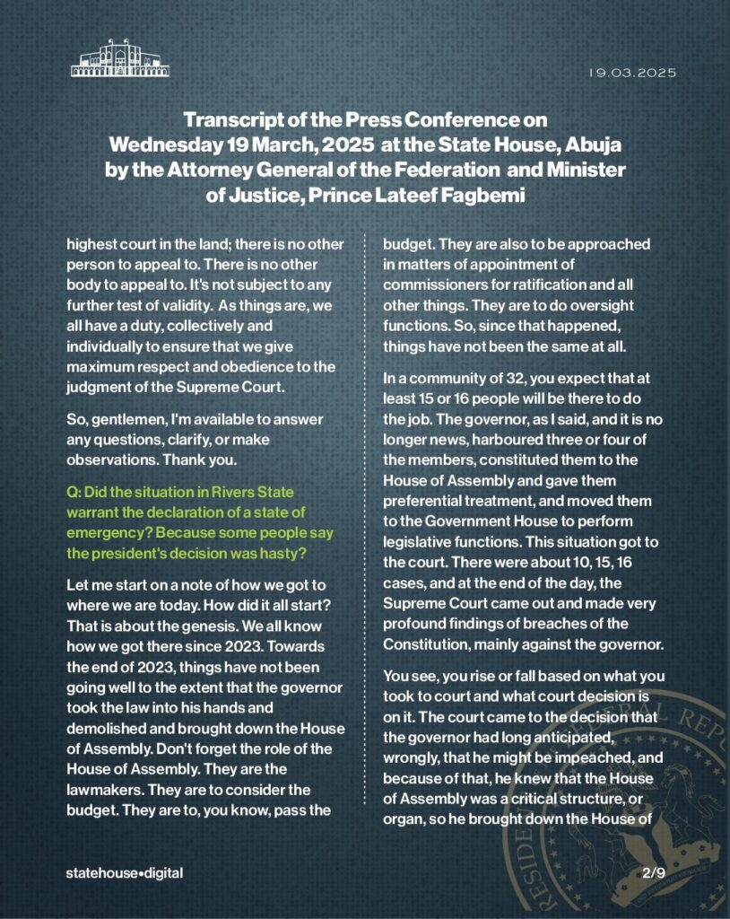 Rivers State: Transcript of Press Conference by AGF Fagbemi