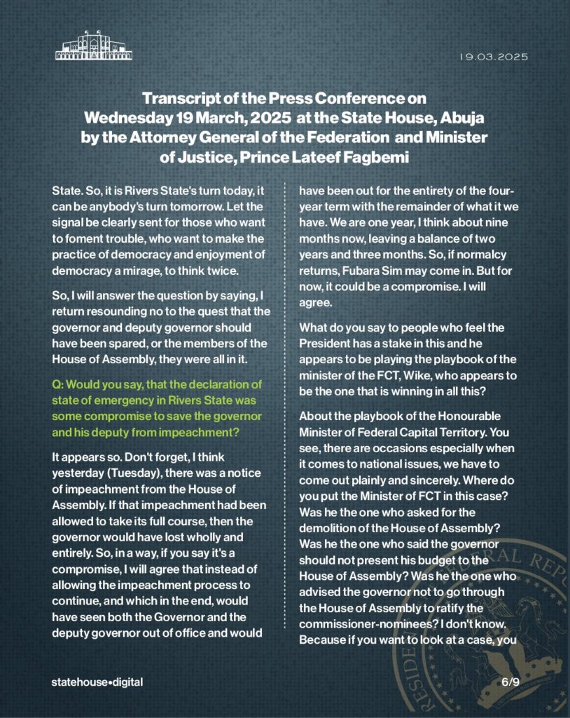 Rivers State: Transcript of Press Conference by AGF Fagbemi