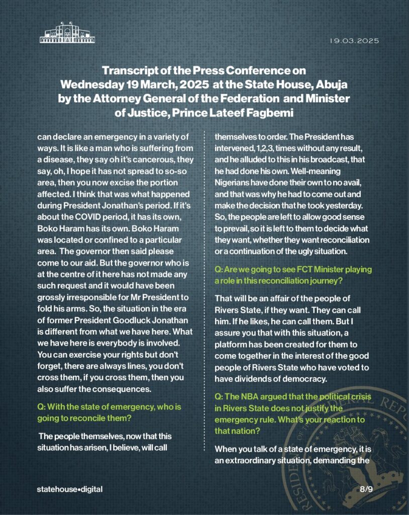 Rivers State: Transcript of Press Conference by AGF Fagbemi