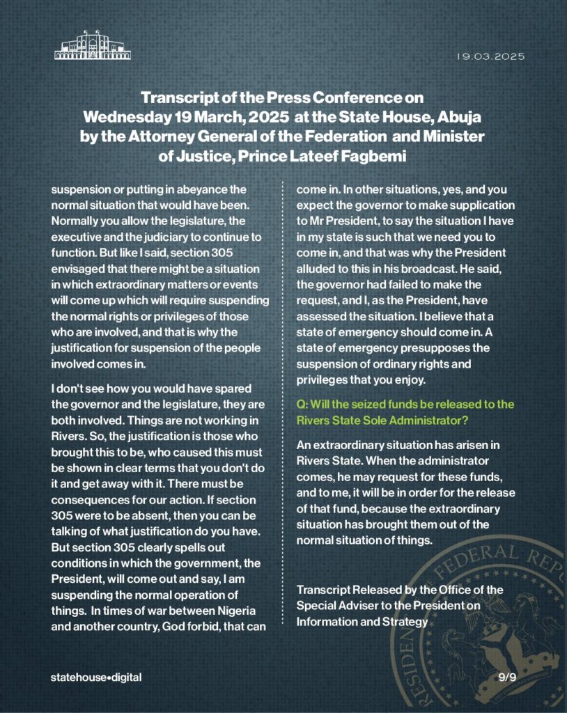 Rivers State: Transcript of Press Conference by AGF Fagbemi