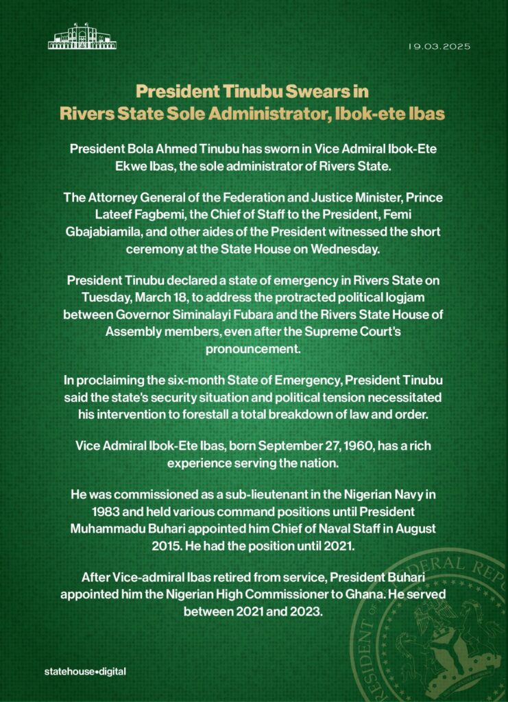 Rivers State: President Tinubu appoints Vice Admiral Ibas as Sole Administrator