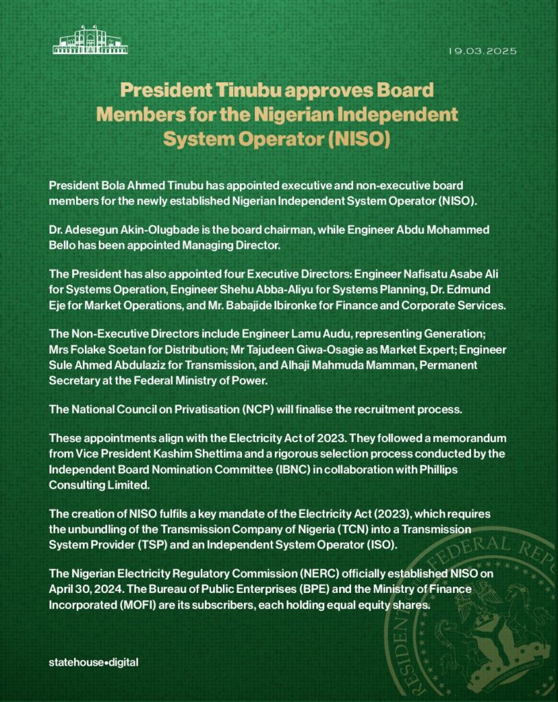 President Tinubu approves Board Members for the Nigerian Independent System Operator (NISO)