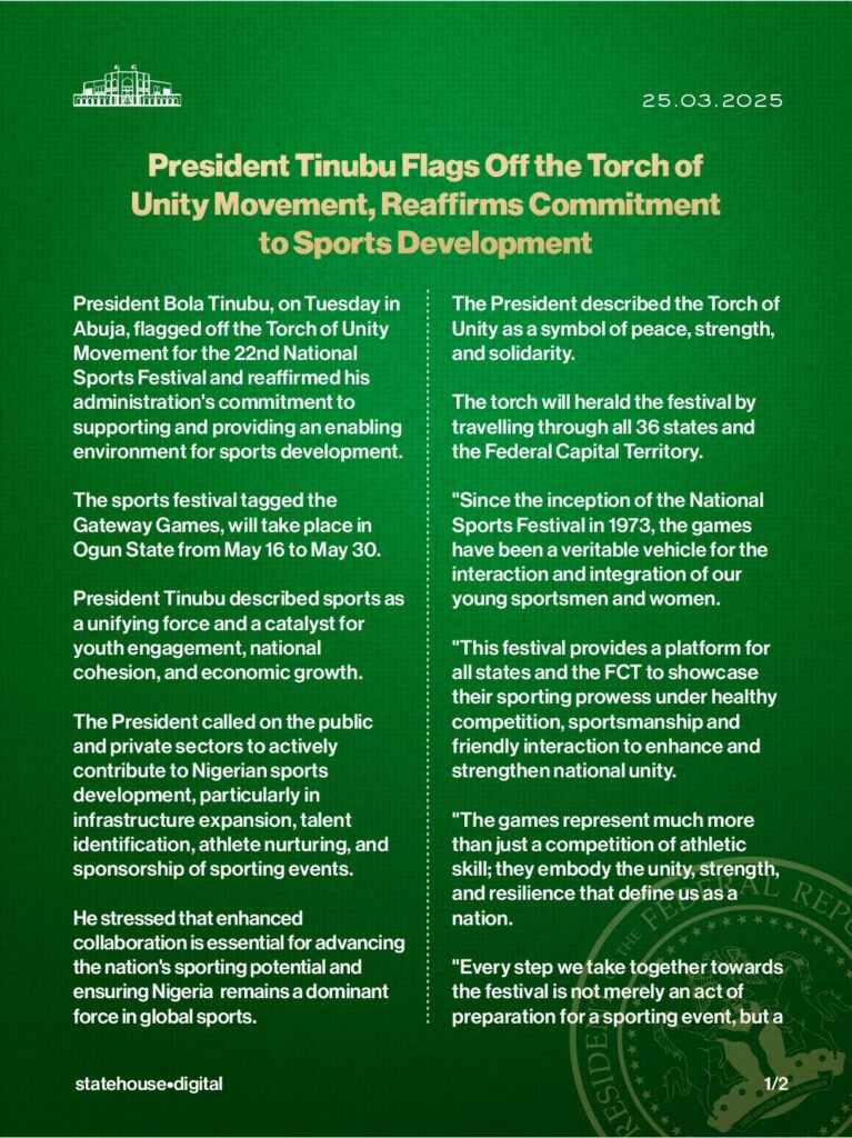 Gateway Games 2024: President Tinubu flags off Torch of Unity Movement, reaffirms commitment to sports development