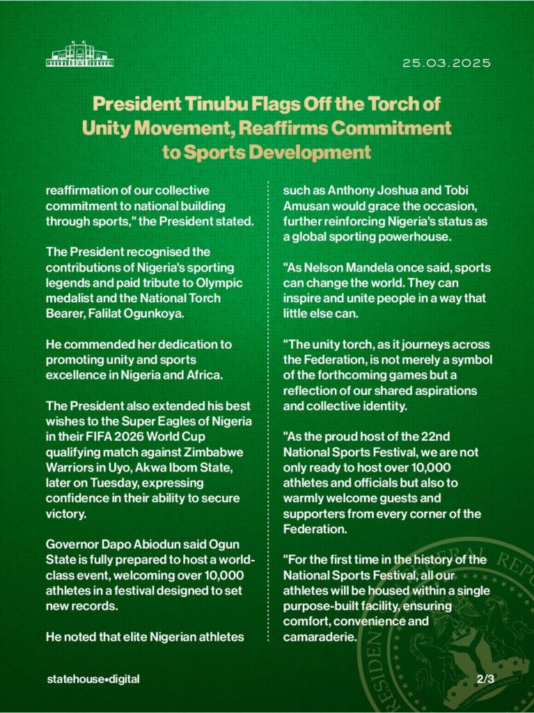 Gateway Games 2024: President Tinubu flags off Torch of Unity Movement, reaffirms commitment to sports development