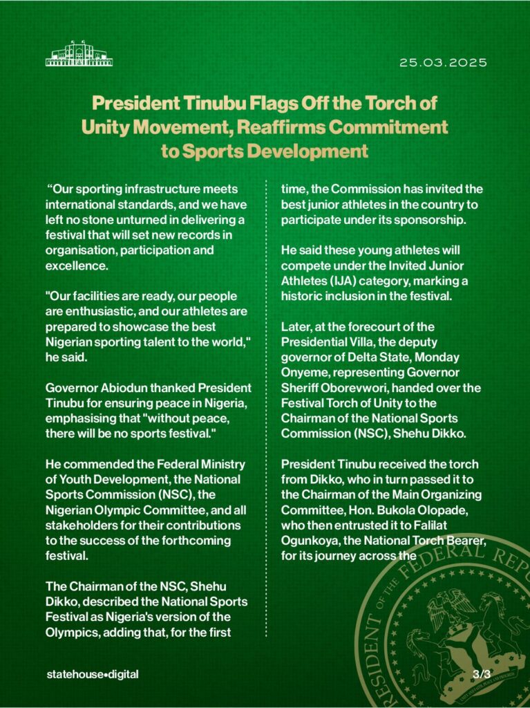 Gateway Games 2024: President Tinubu flags off Torch of Unity Movement, reaffirms commitment to sports development