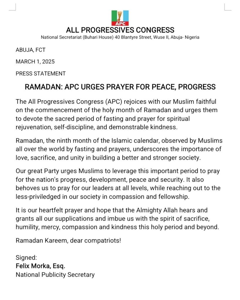 Ramadan 2025: Press Statement - 'APC urges prayer for peace, progress'
