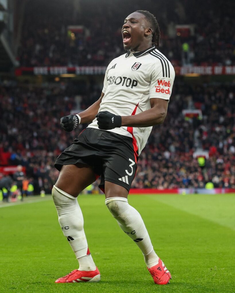 Nigerian centre-back Calvin Bassey celebrates after scoring for Fulham in the FA Cup 2024/25 fifth round match against Manchester United at Old Trafford on Sunday 2 March, 2025
