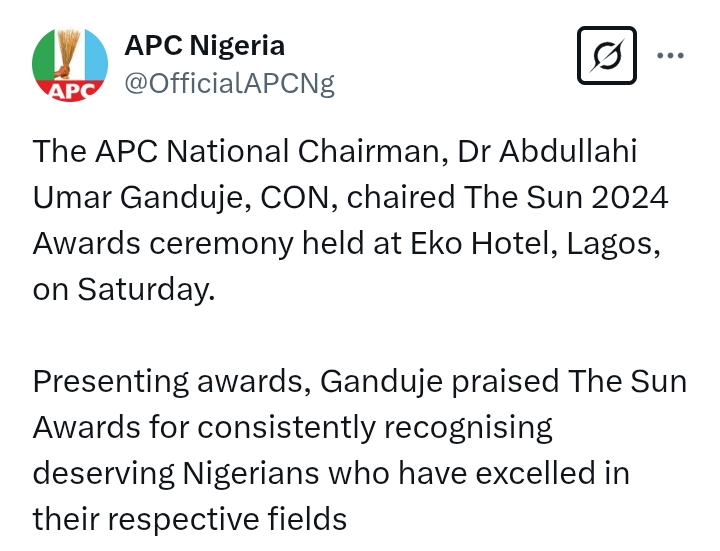 Ganduje hail The Sun Awards 'for consistently recognising deserving Nigerians who have excelled in their respective fields'