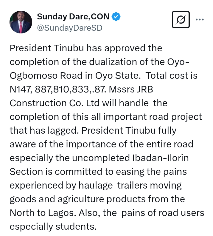 President Tinubu approves completion of the dualization of the Oyo-Ogbomoso Road