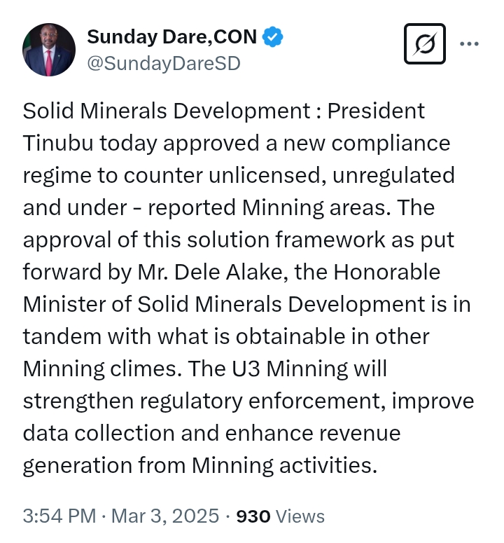 Solid Minerals Development: President Tinubu approves new compliance regime to counter unlicensed, unregulated and under - reported Minning areas