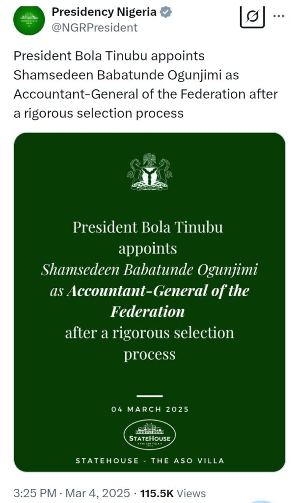 President Tinubu appoints Ogunjimi as AGF