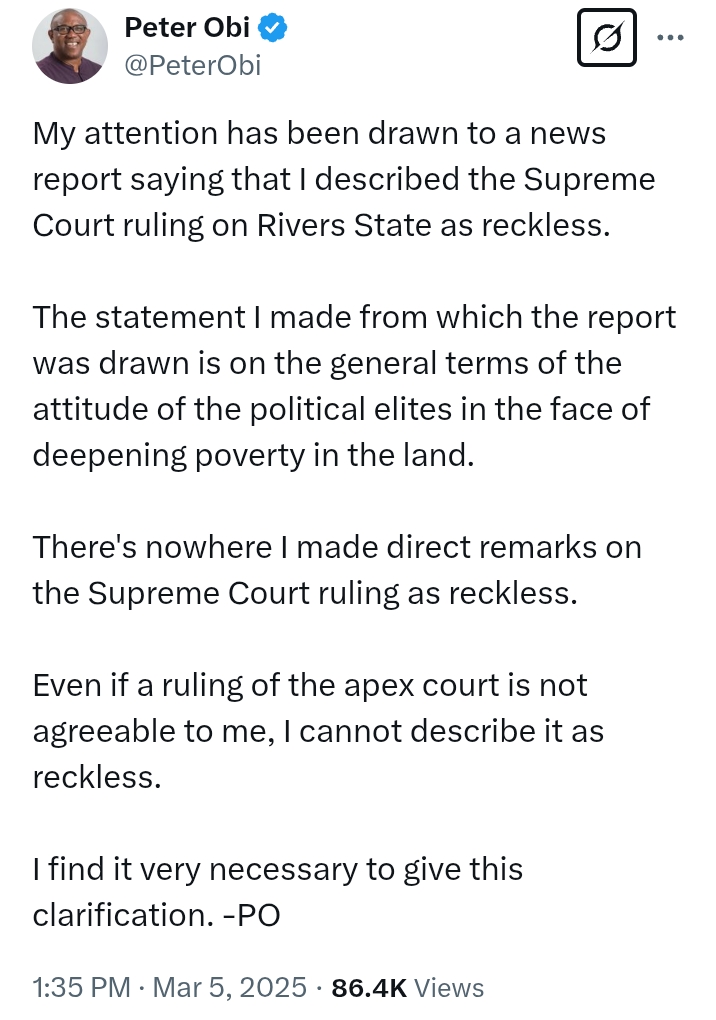 Peter Obi clarifies after news report says he 'described the Supreme Court ruling on Rivers State as reckless'