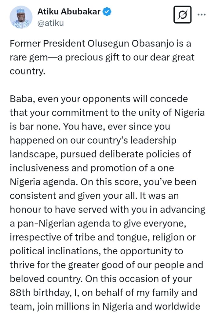 Obasanjo At 88: 'A rare gem—a precious gift to our dear great country' - Atiku