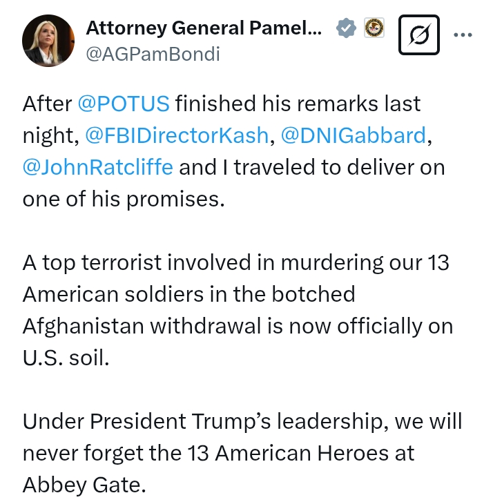United States: 'Top terr*rist involved in murdering our 13 American soldiers in the botched Afghanistan withdrawal is now officially on U.S. soil' - AG Bondi