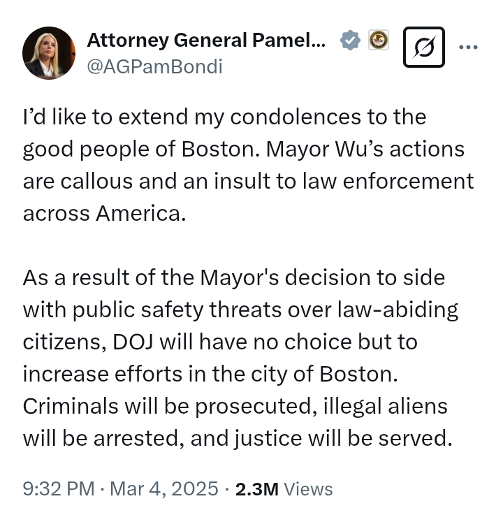 United States: AG Bondi to increase efforts in the city of Boston after 'Mayor Wu's decision to side with public safety threats over law-abiding citizens'