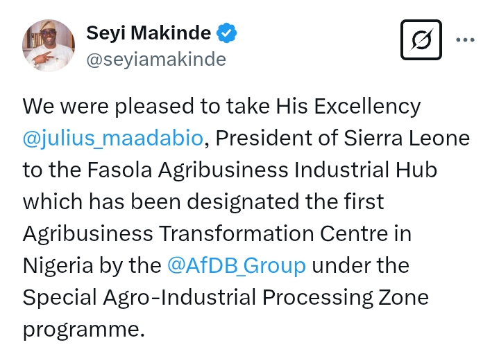 Photos: Governor Makinde takes Sierra Leone President, Maada Bio, to Fashola Agribusiness Industrial Hub
