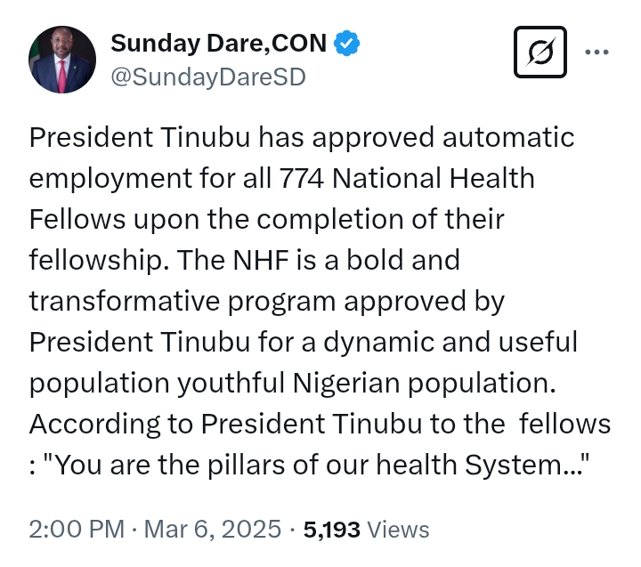 President Tinubu approves automatic employment for all 774 National Health Fellows upon the completion of their fellowship