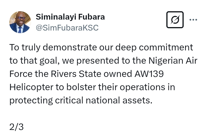 Rivers State: Governor Fubara presents to the Nigerian Air Force Rivers State owned AW139 Helicopter 'to mitigate the issues of oil theft & criminal activities'