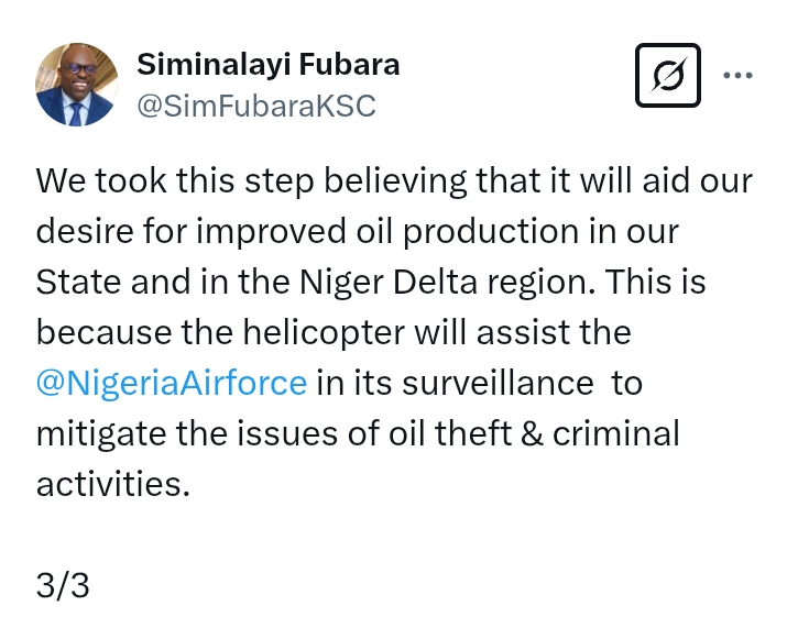 Rivers State: Governor Fubara presents to the Nigerian Air Force Rivers State owned AW139 Helicopter 'to mitigate the issues of oil theft & criminal activities'