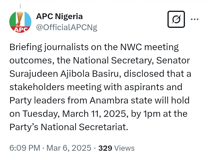 Anambra State Guber 2025: APC NWC adopt 'indirect primary' to elect the Party’s candidate for the forthcoming election