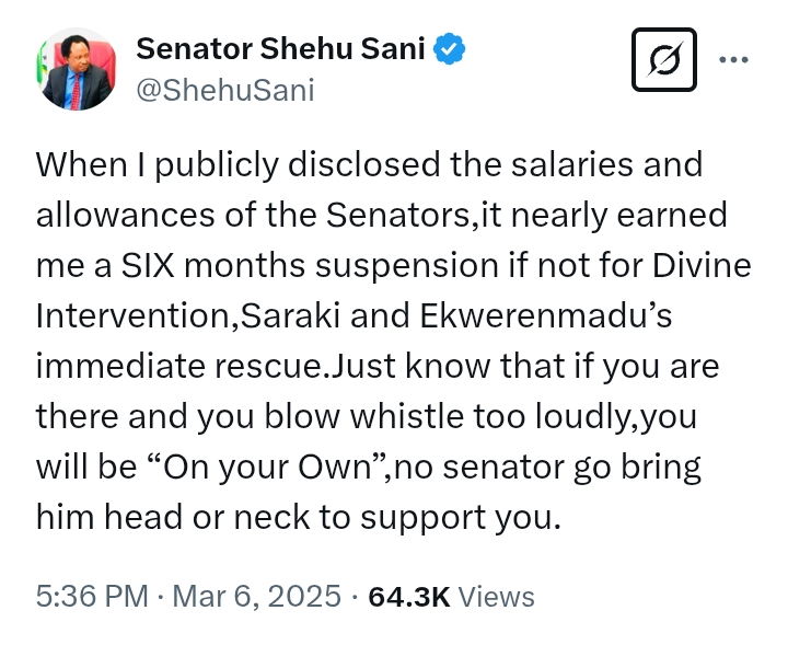 'If you blow whistle too loudly, you will be 'on your own'' - Senator Shehu Sani