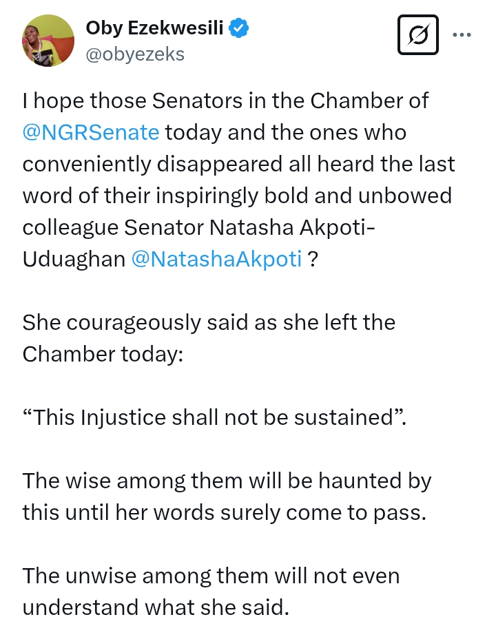 Akpabio V Natasha: 'The wise among them will be haunted by this until her words surely come to pass' - Ezekwesili