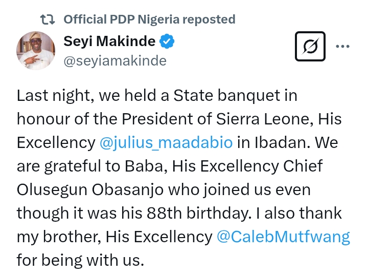 Photos: Governor Makinde holds State Banquet in honour of Sierra Leone President, Maada Bio