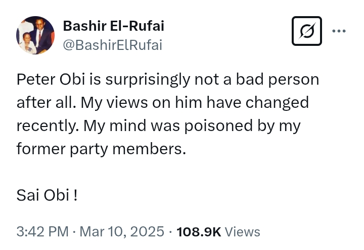 'Peter Obi is surprisingly not a bad person after all' - Bashir El-Rufai