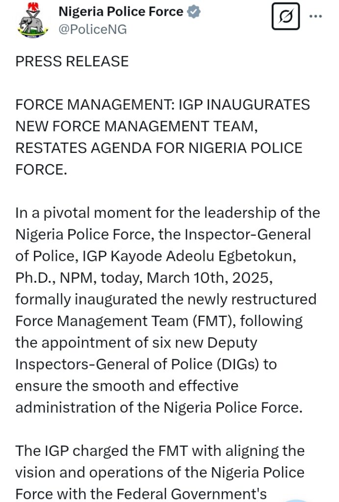 Press Release - 'IGP inaugurates new Force management team, restates agenda for NPF'