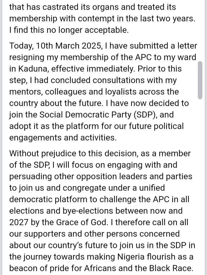 Nasir El-Rufai dumps APC for SDP