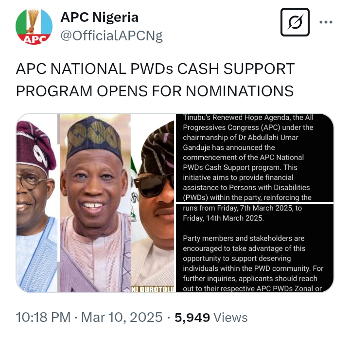 APC national PWDs cash support program opens for nomination