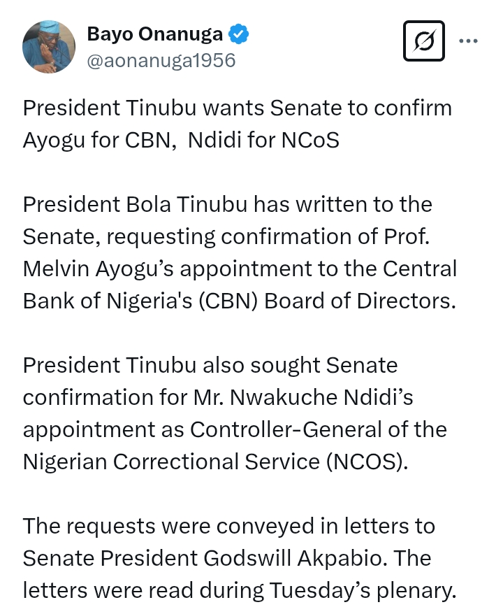 President Tinubu wants Senate to confirm Ayogu for CBN, Ndidi for NCoS